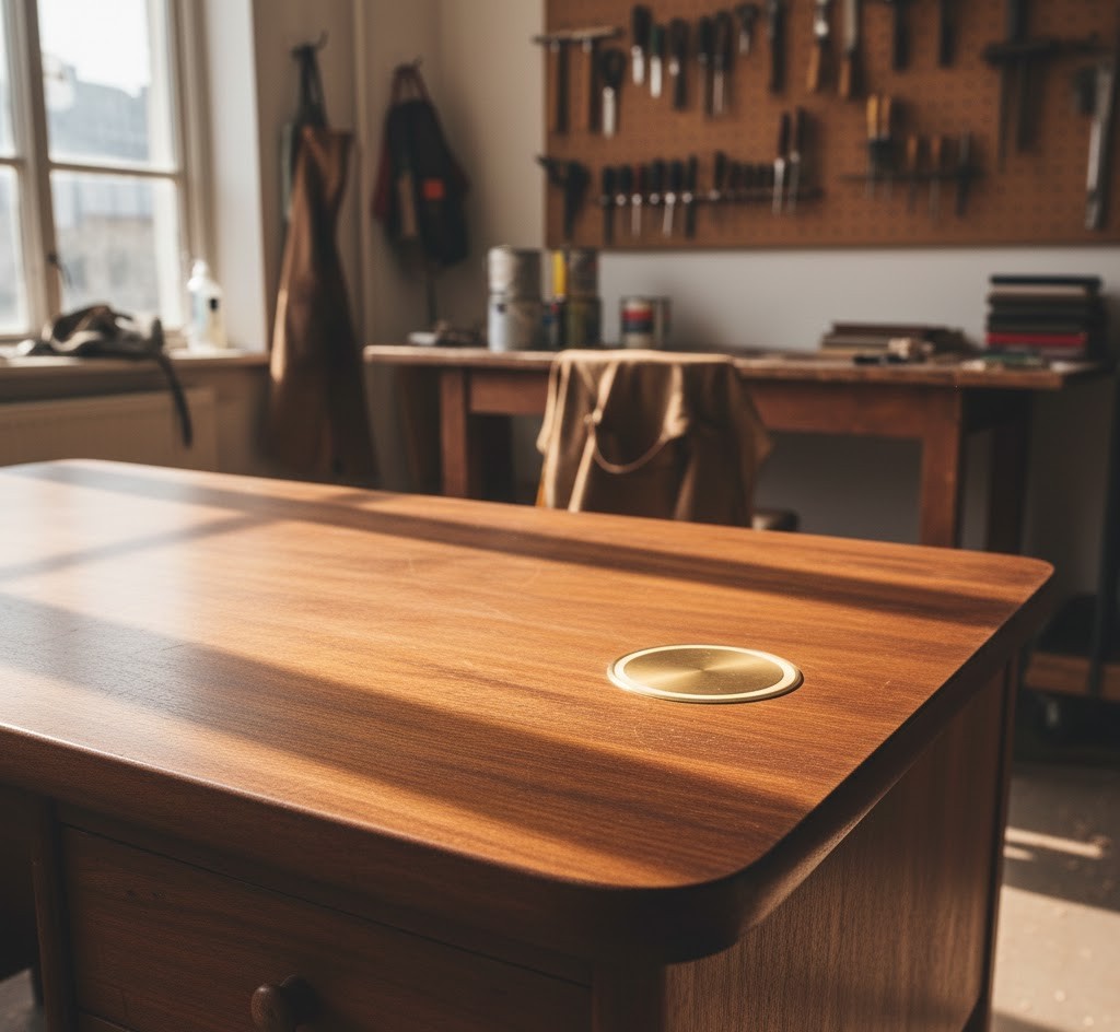 Restored vintage desk with wireless charging